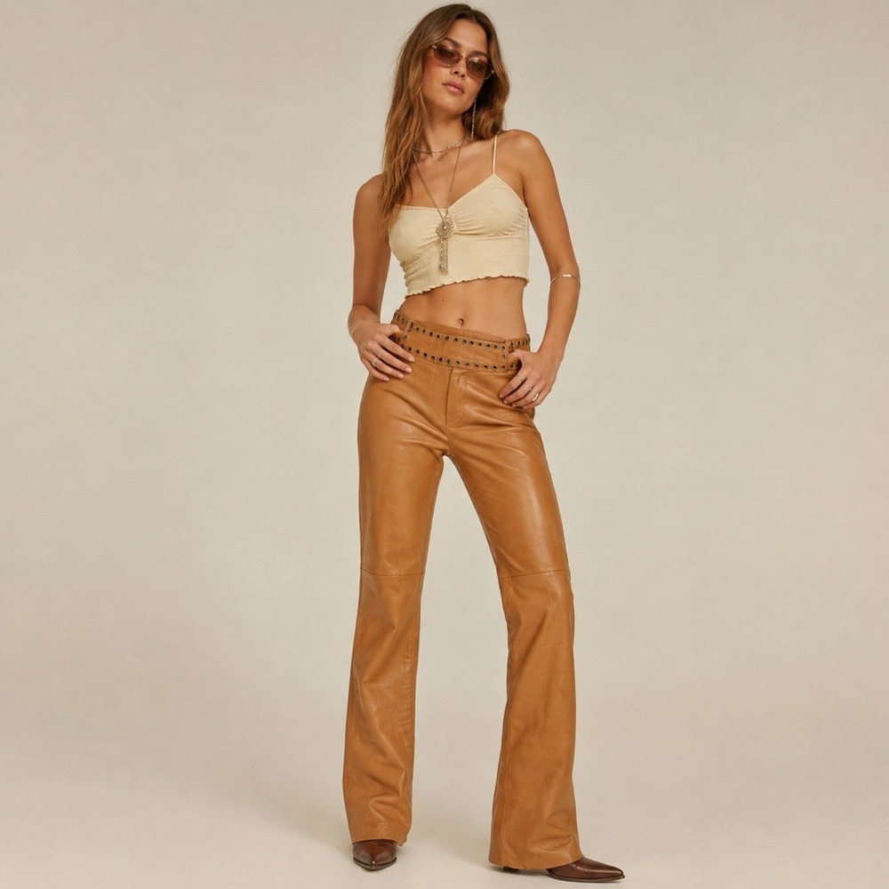 Vintage Y2K Newport News Leather Pants 6 Grommet Belt Low Rise Flare Brown Rock